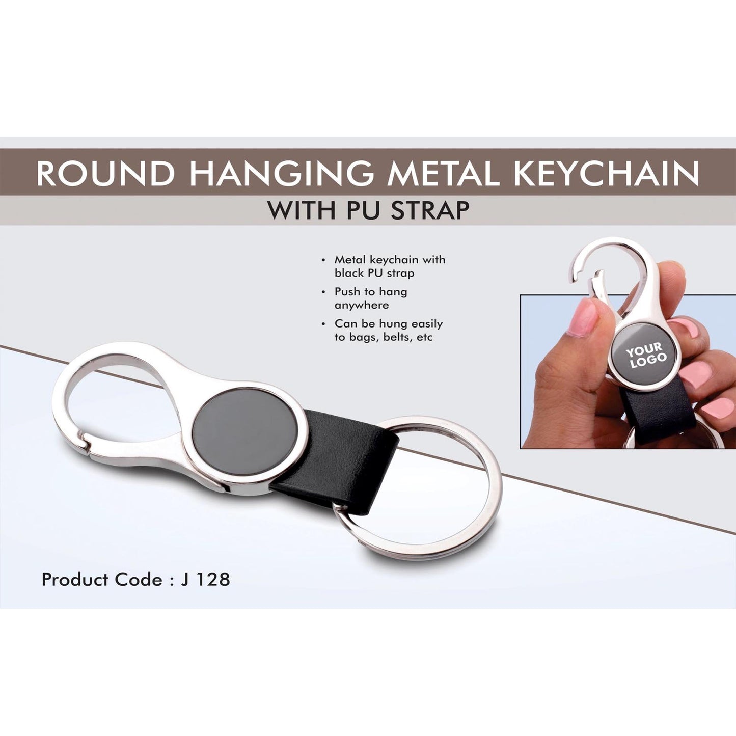 Round hanging metal keychain with PU strap - J 128