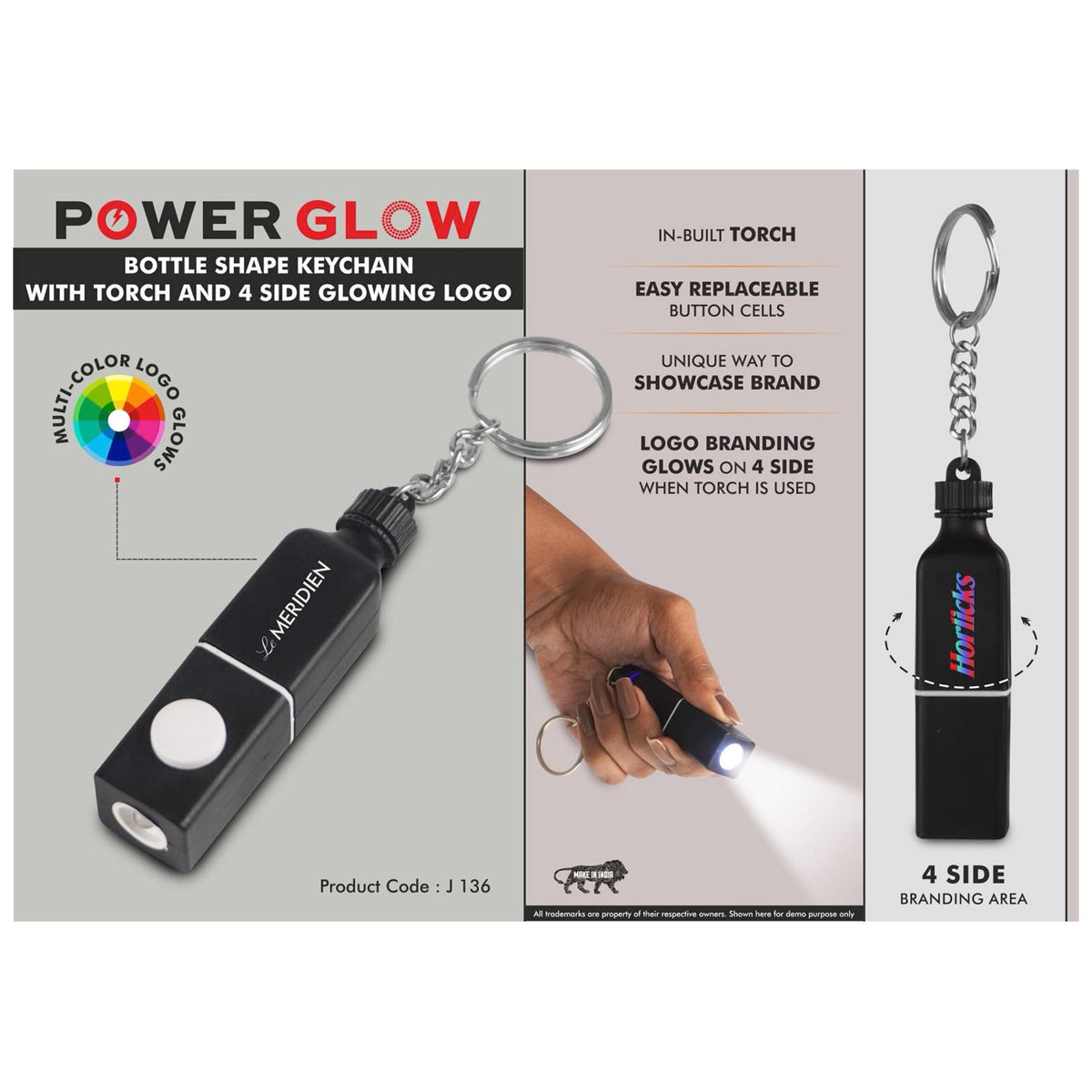 Power Plus - Power Glow Bottle Shape Keychain with Torch - J 136