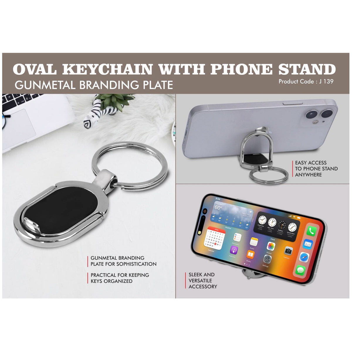 Power Plus - Oval Keychain with Phone Stand and Gunmetal Plate - J 139