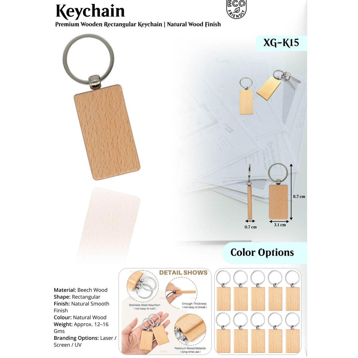 Premium Wooden Rectangular Keychain Natural Wood Finish - XG - K15