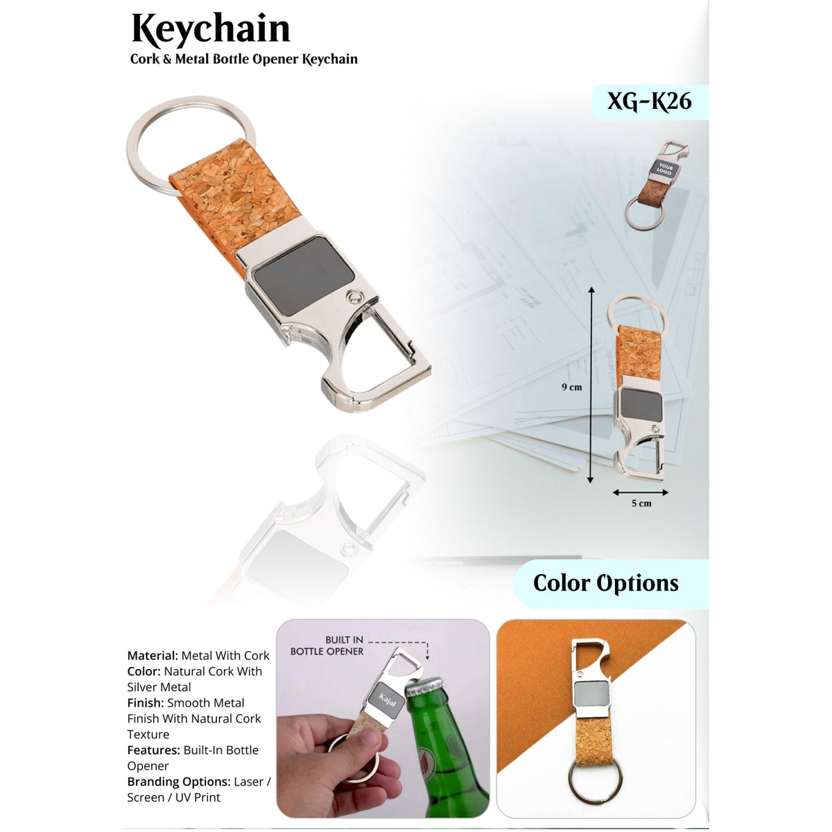 Cork & Metal Bottle Opener Keychain - XG - K26