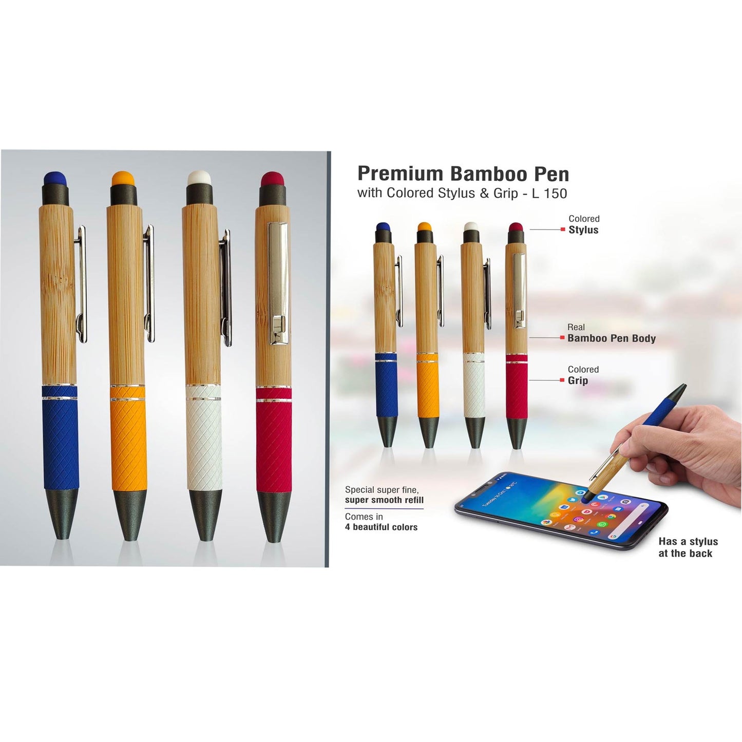 Bamboo Pen with colored stylus and grip - L 150