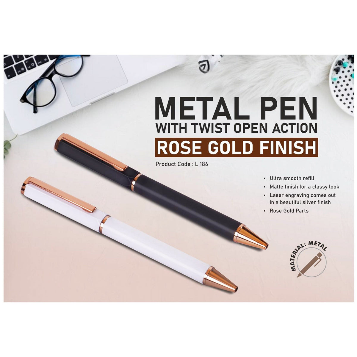 Power Plus - Metal Pen with Twist Open Action, Rose Gold - L 186