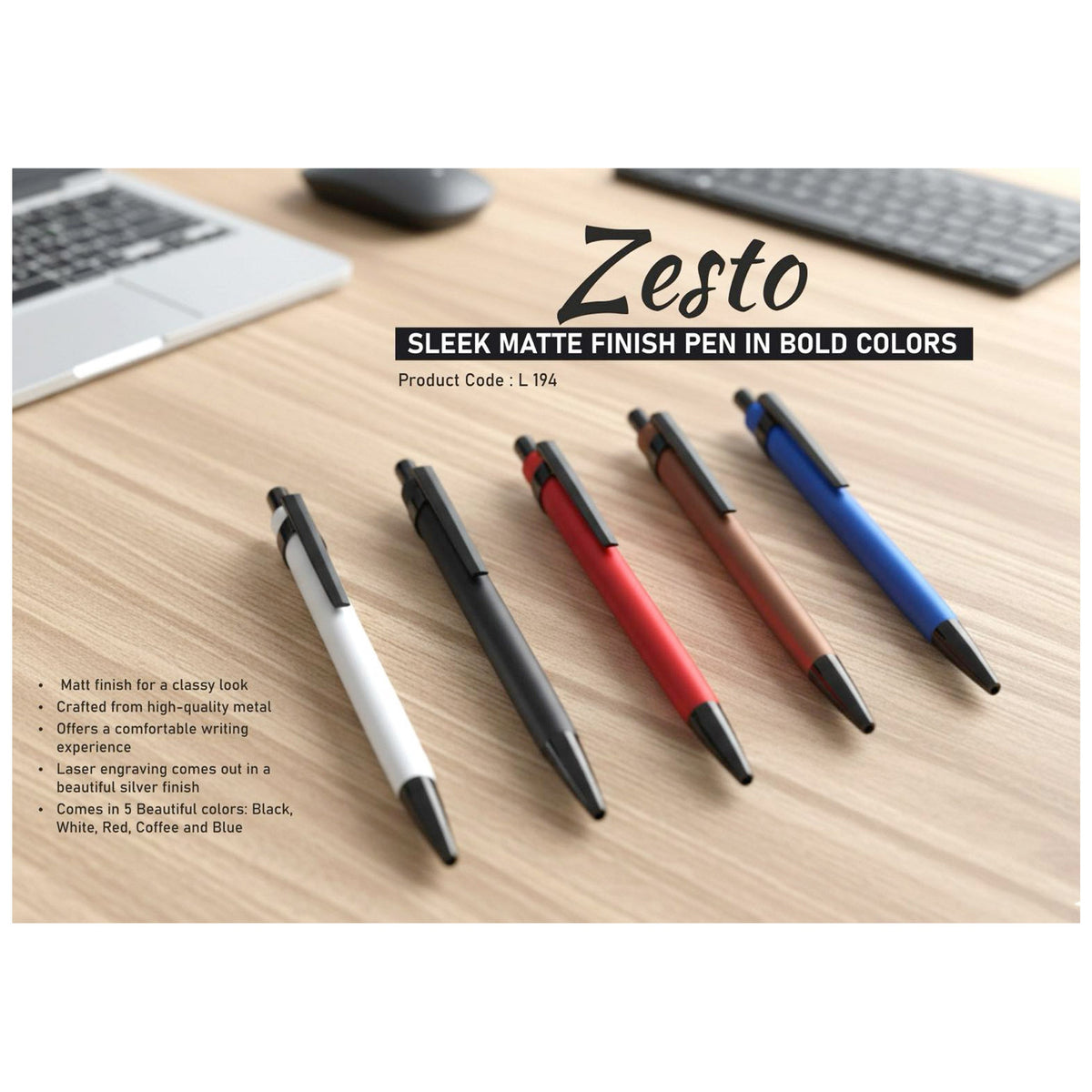 Power Plus - Zesto: Matte Finish Metal Pen in Bold Colours - L 194
