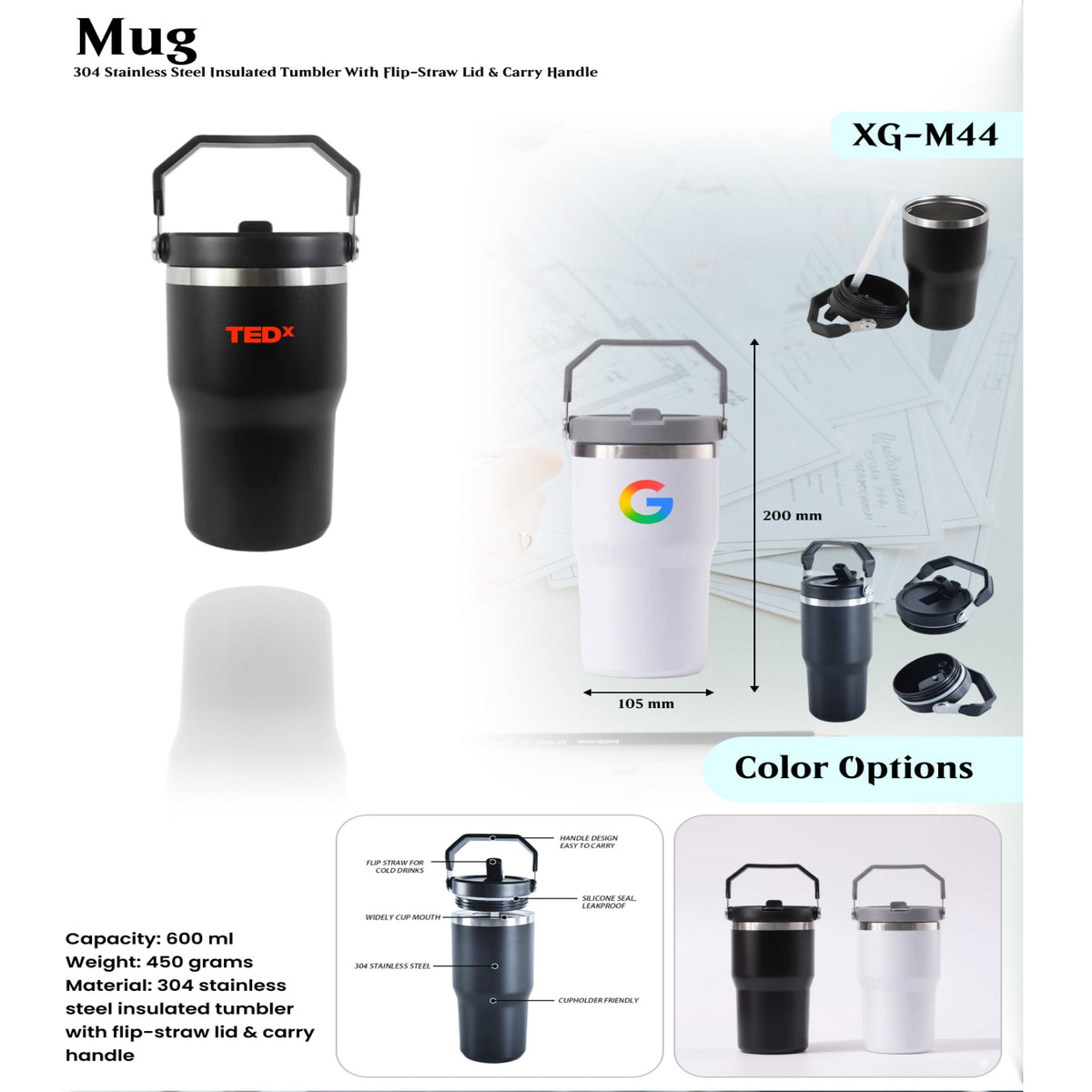 Stainless Steel Insulated Tumbler with Flip-Straw Lid and Carry Handle - XG - M44
