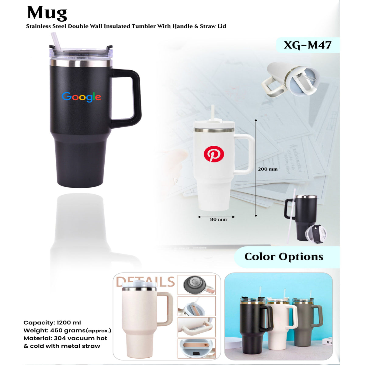 Stainless Steel Double Wall Insulated Tumbler with Handle and Straw Lid - XG - M47