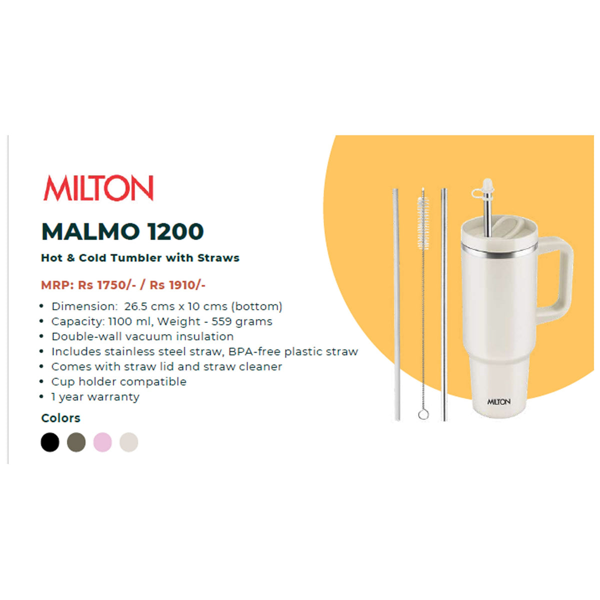 Milton - Malmo 1200 Hot & Cold Tumbler With Straws