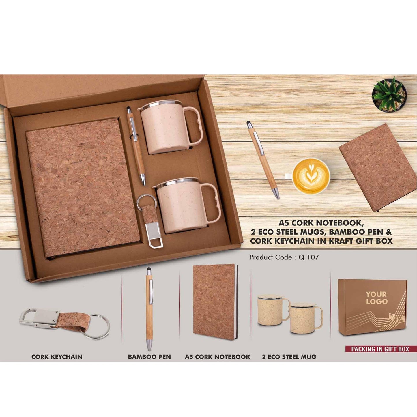 EcoSet Set of A5 Cork notebook, 2 Eco Steel mugs, Bamboo Pen & Cork Keychain in Kraft Gift Box - Q 107