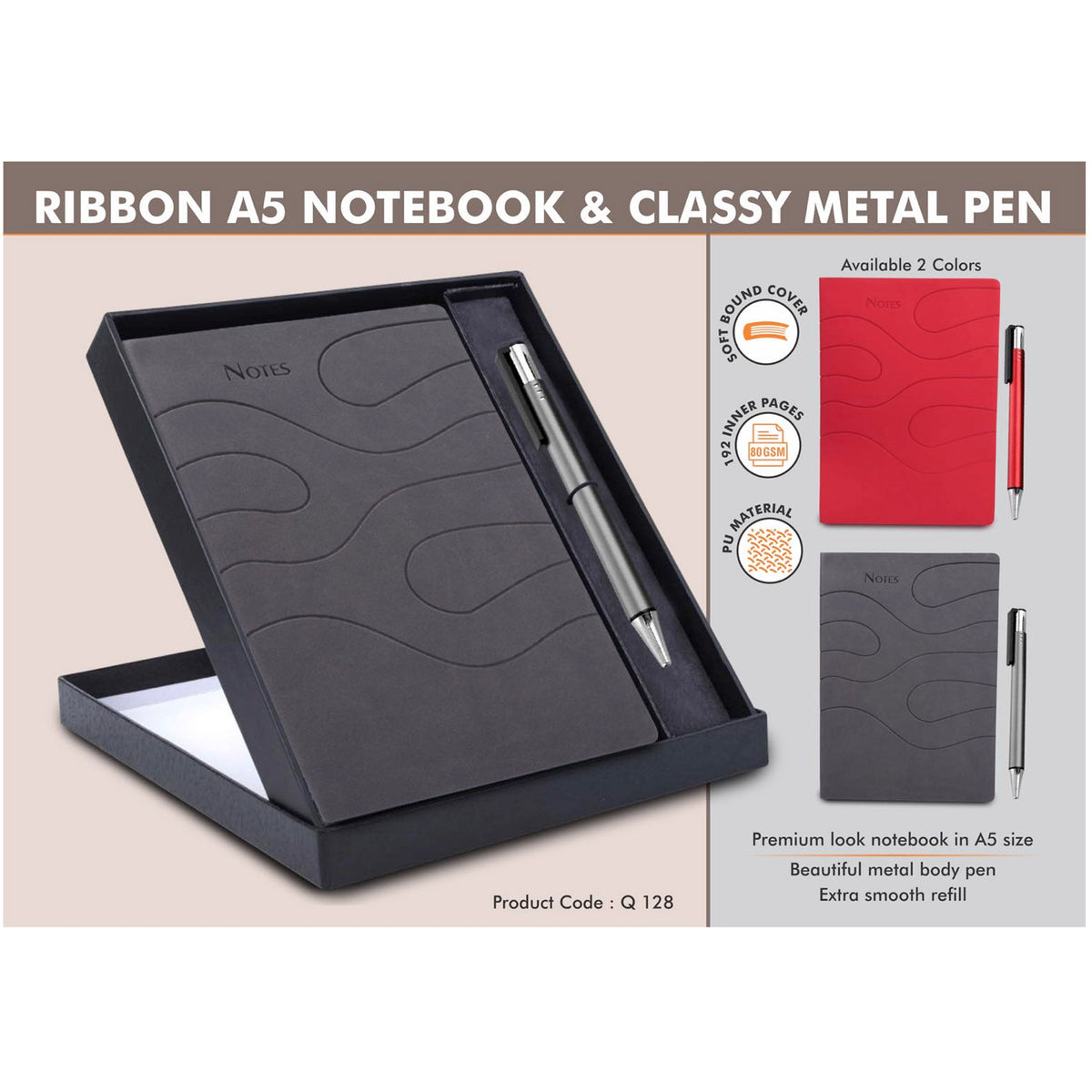Power Plus - Ribbon A5 Notebook and Classy Metal Pen - Q 128