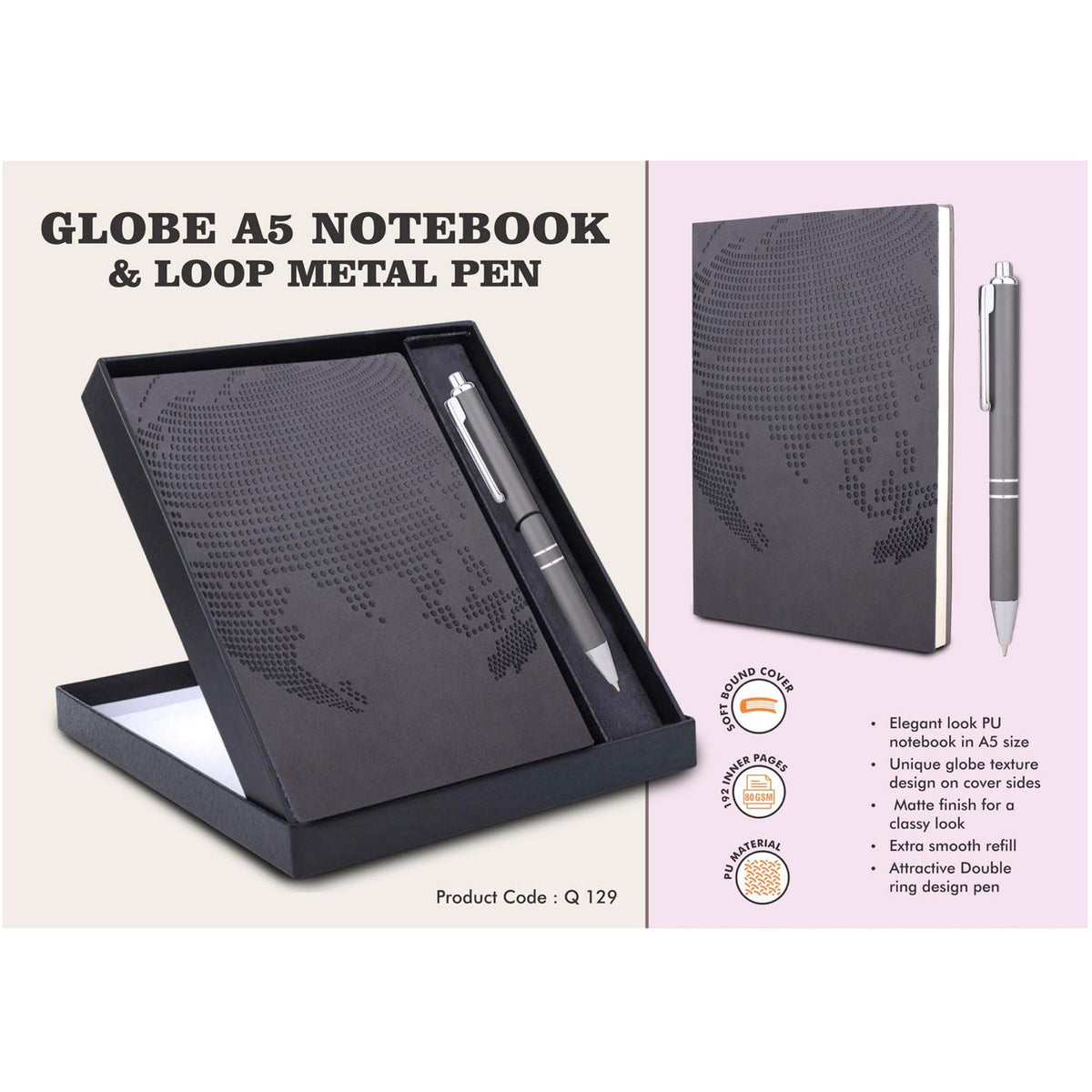 Power Plus - Globe A5 Notebook and Loop Metal Pen - Q 129