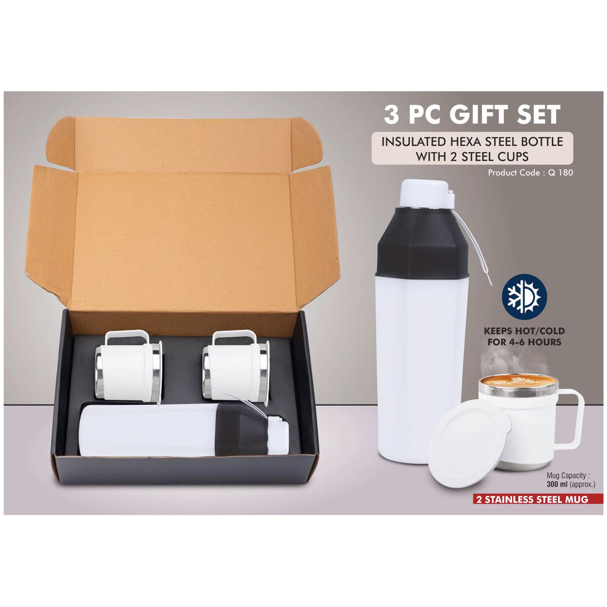 Power Plus - 3 PC Gift Set: Insulated Hexa Steel Bottle with 2 Steel Cups - Q 180