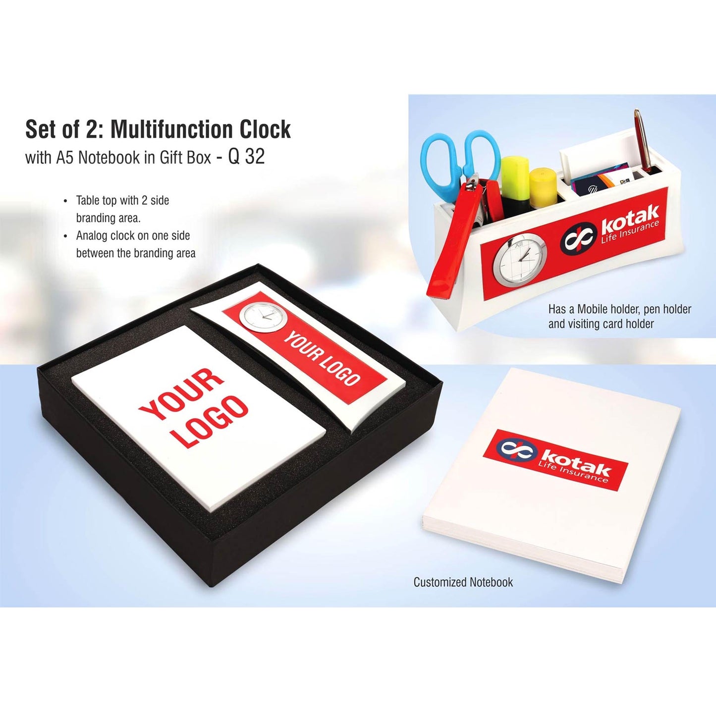 Set of 2: Multifunction clock with A5 notebook in gift box | Branding included MOQ 200 pc - Q 32