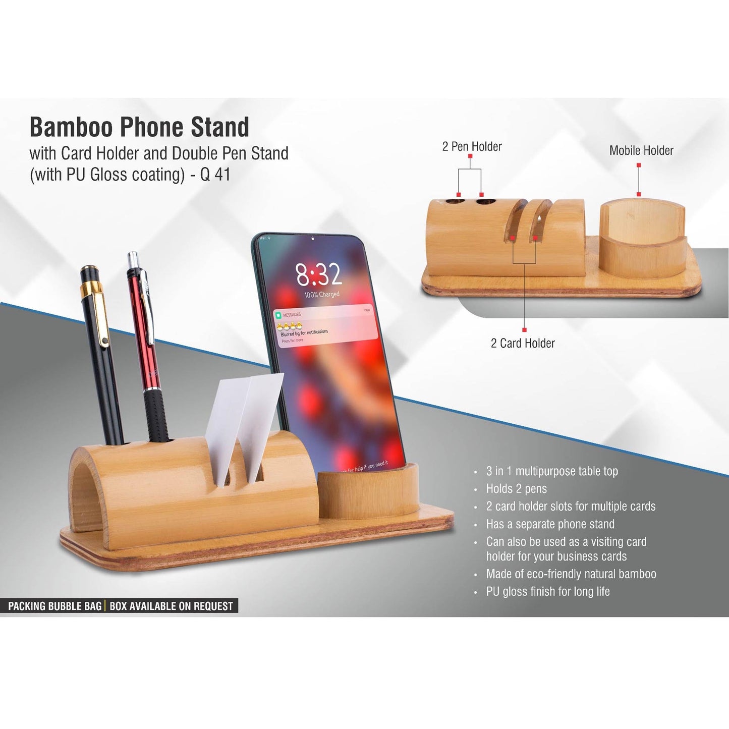 Bamboo phone stand with card holder and double pen stand (with PU Gloss coating) - Q 41