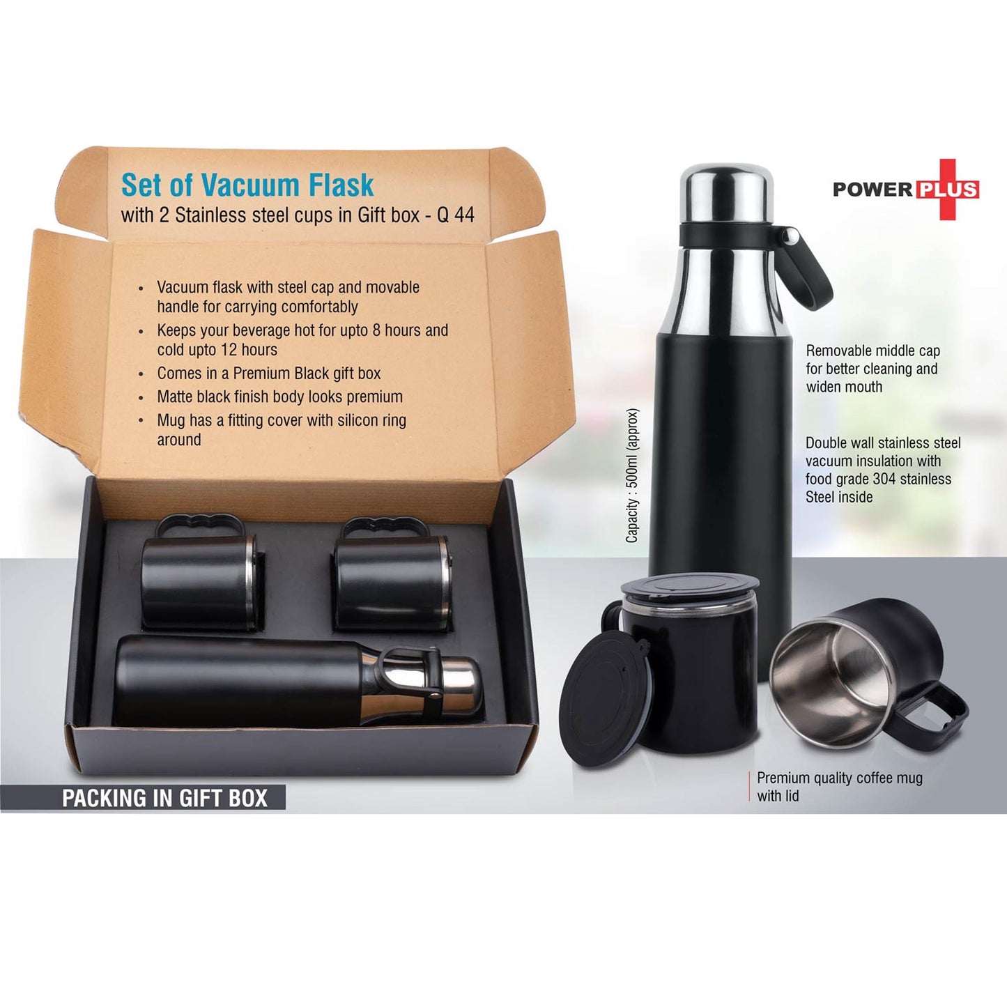 Set of Vacuum Flask with 2 Stainless steel cups in Gift box - Q 44