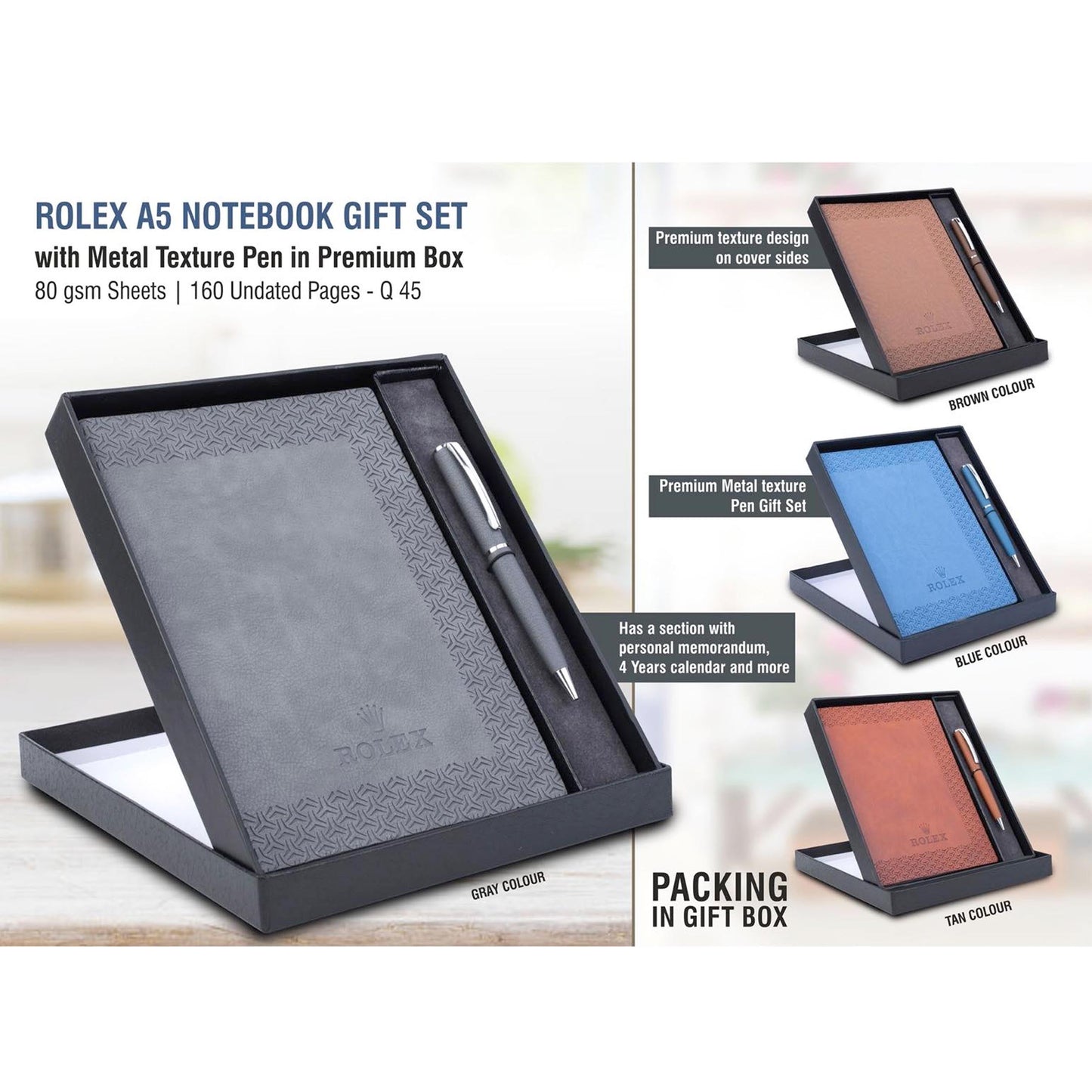 Rolex Notebook with Metal Texture pen Gift set in Premium box - Q 45