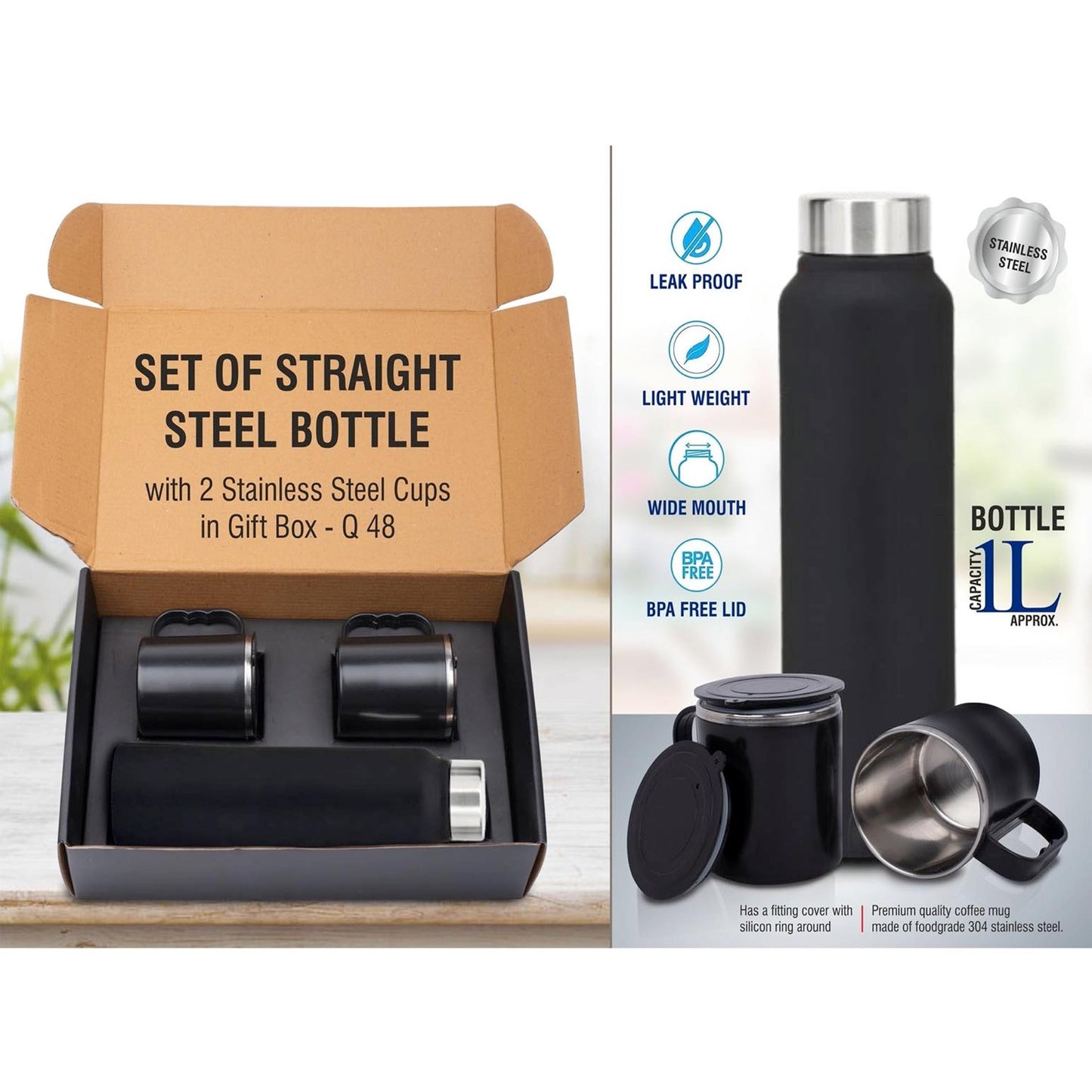 Set of Black Stainless Steel Bottle with 2 Stainless steel cups in Gift box | Bottle capacity 1L approx - Q 48