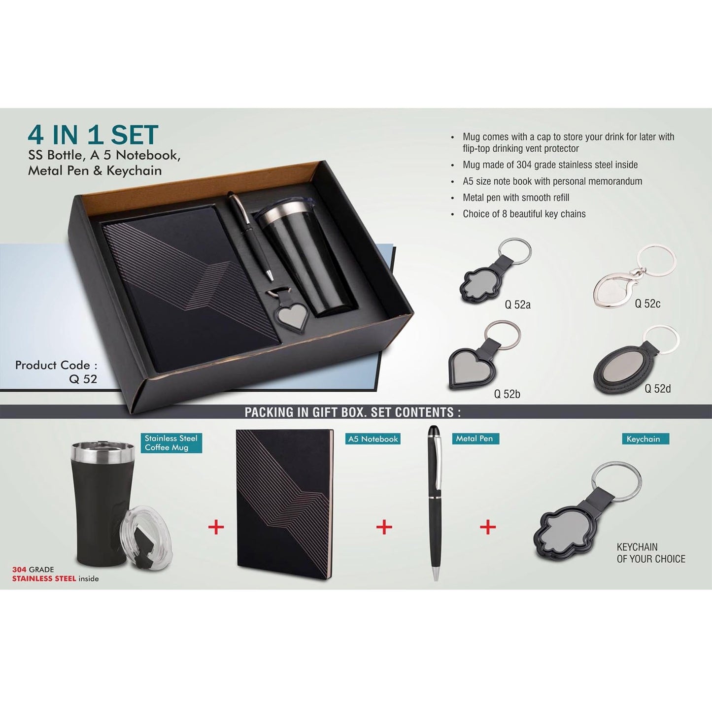 4 in 1 set: Tall sipper mug in 304 steel, Metal pen, A5 notebook and Keychain - Q 52