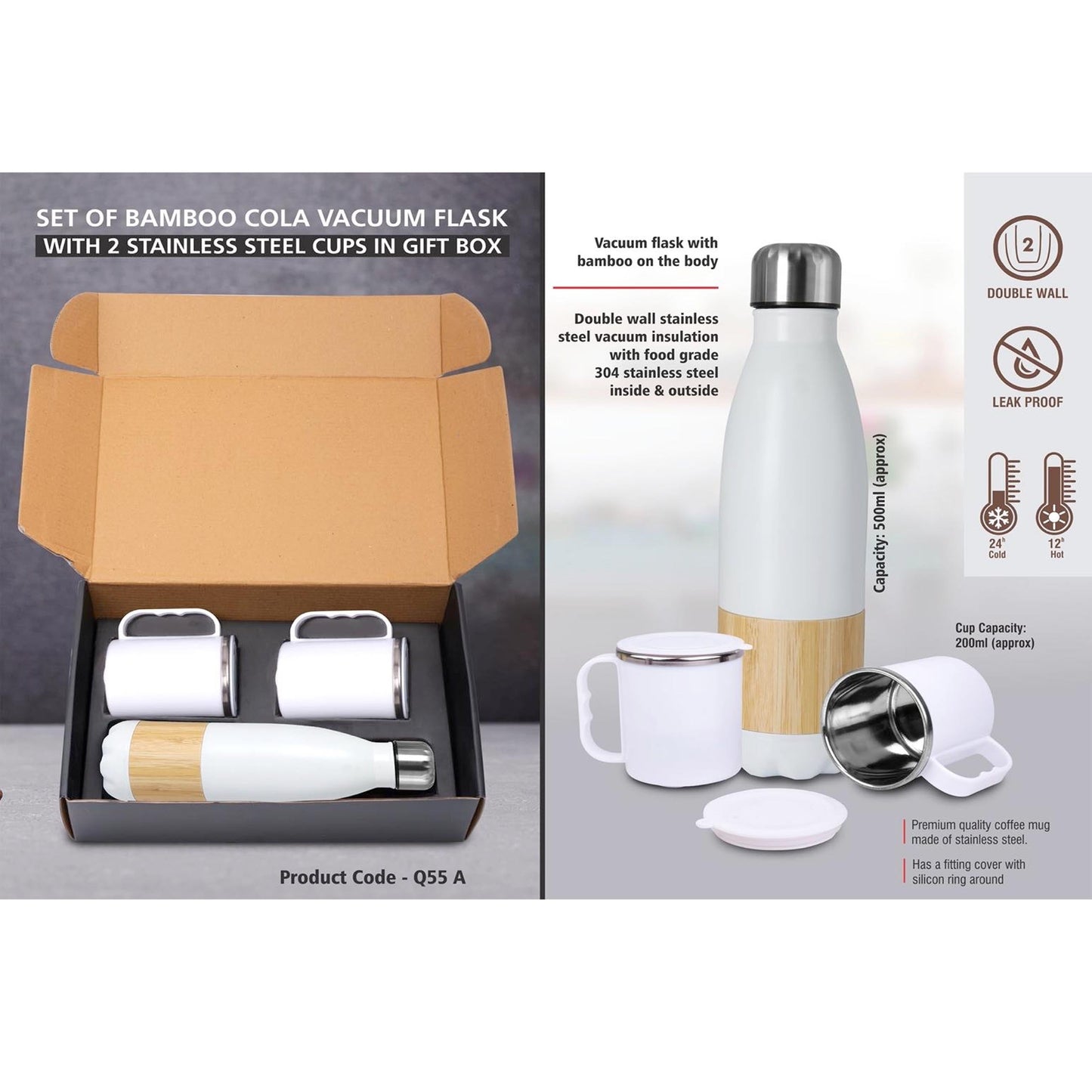 Set of Bamboo cola Vacuum Flask with 2 Stainless steel cups in Gift box - Q 55A