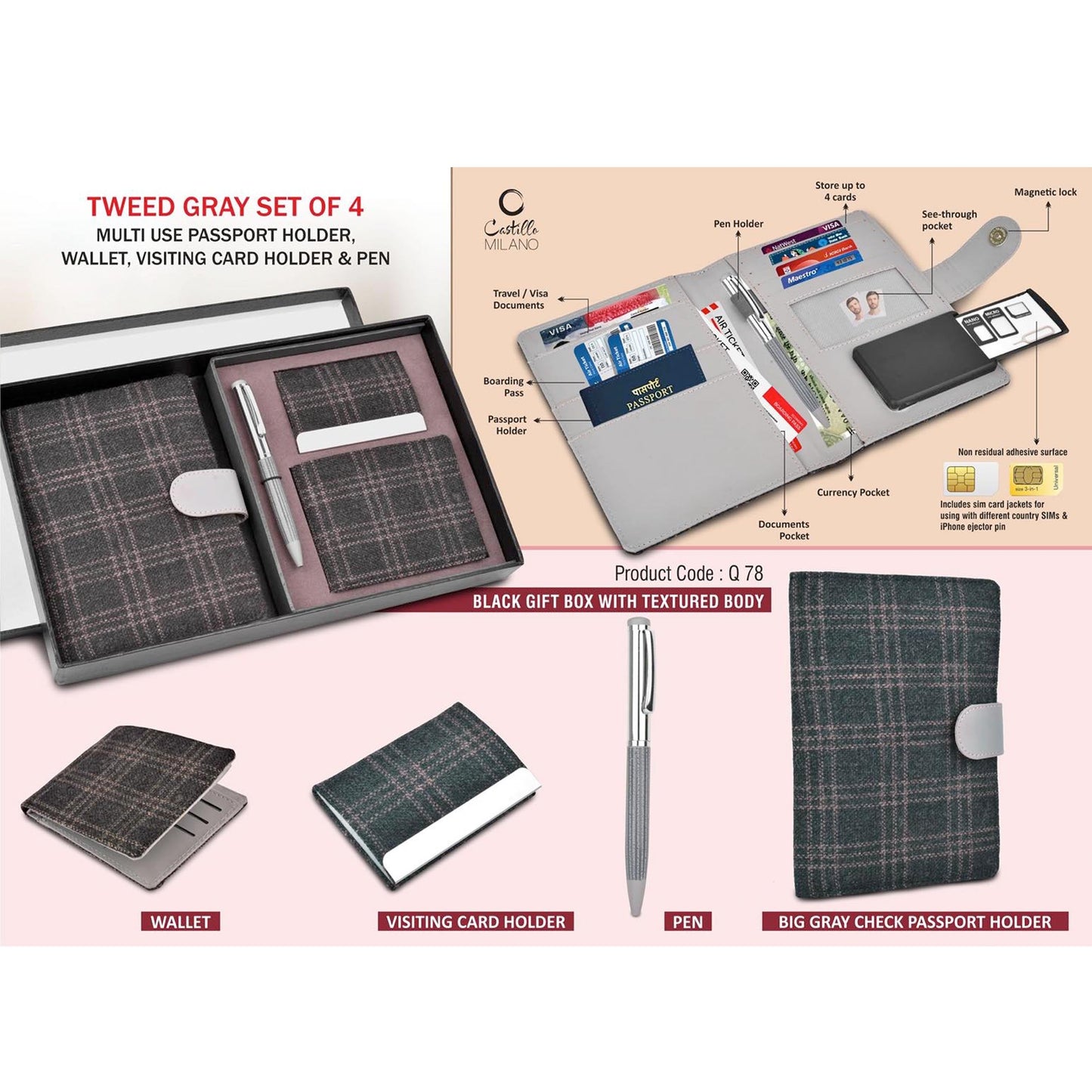 Tweed Gray Set of 4: Multi use Passport holder, Wallet, Card holder, Metal Pen - Q 78