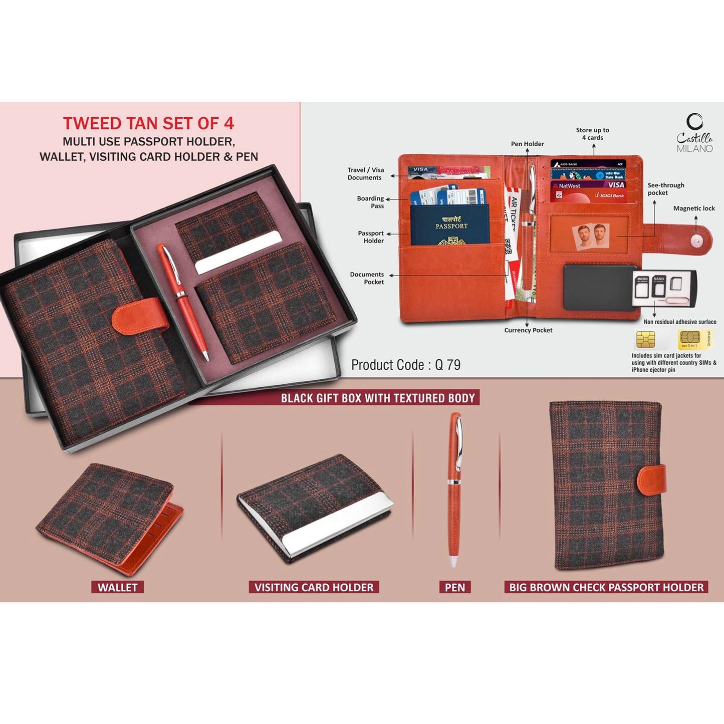 Tweed Tan Set of 4: Multi use Passport holder, Wallet, Card holder, Metal Pen - Q 79