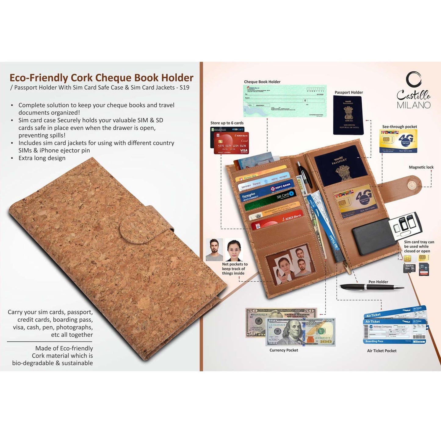 Eco-Friendly Cork Cheque Book Holder / Passport Holder With Sim Card Safe Case & Sim Card Jackets - S 19