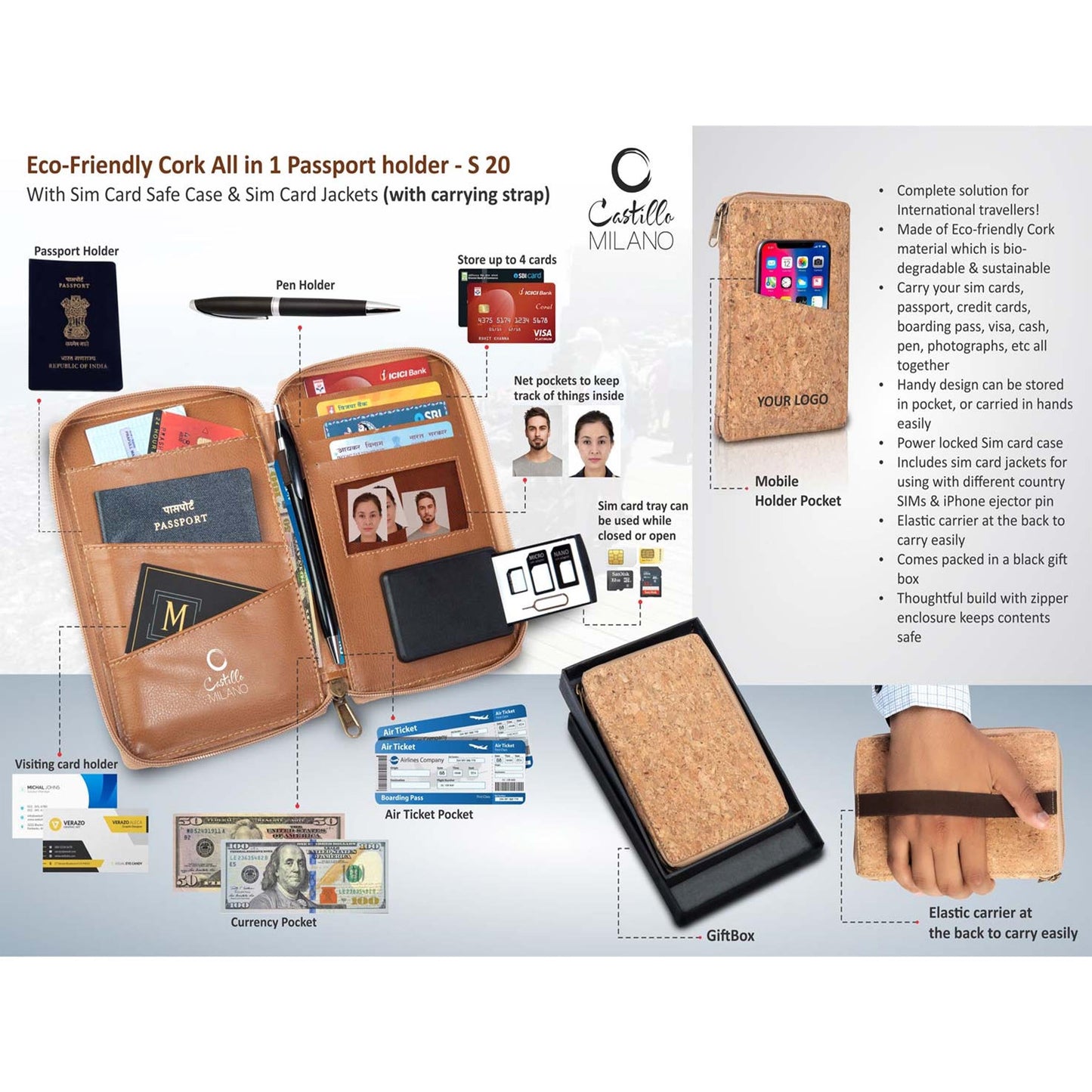 Eco-Friendly Cork All in 1 Passport holder With Sim Card Safe Case & Sim Card Jackets (with carrying strap) - S 20