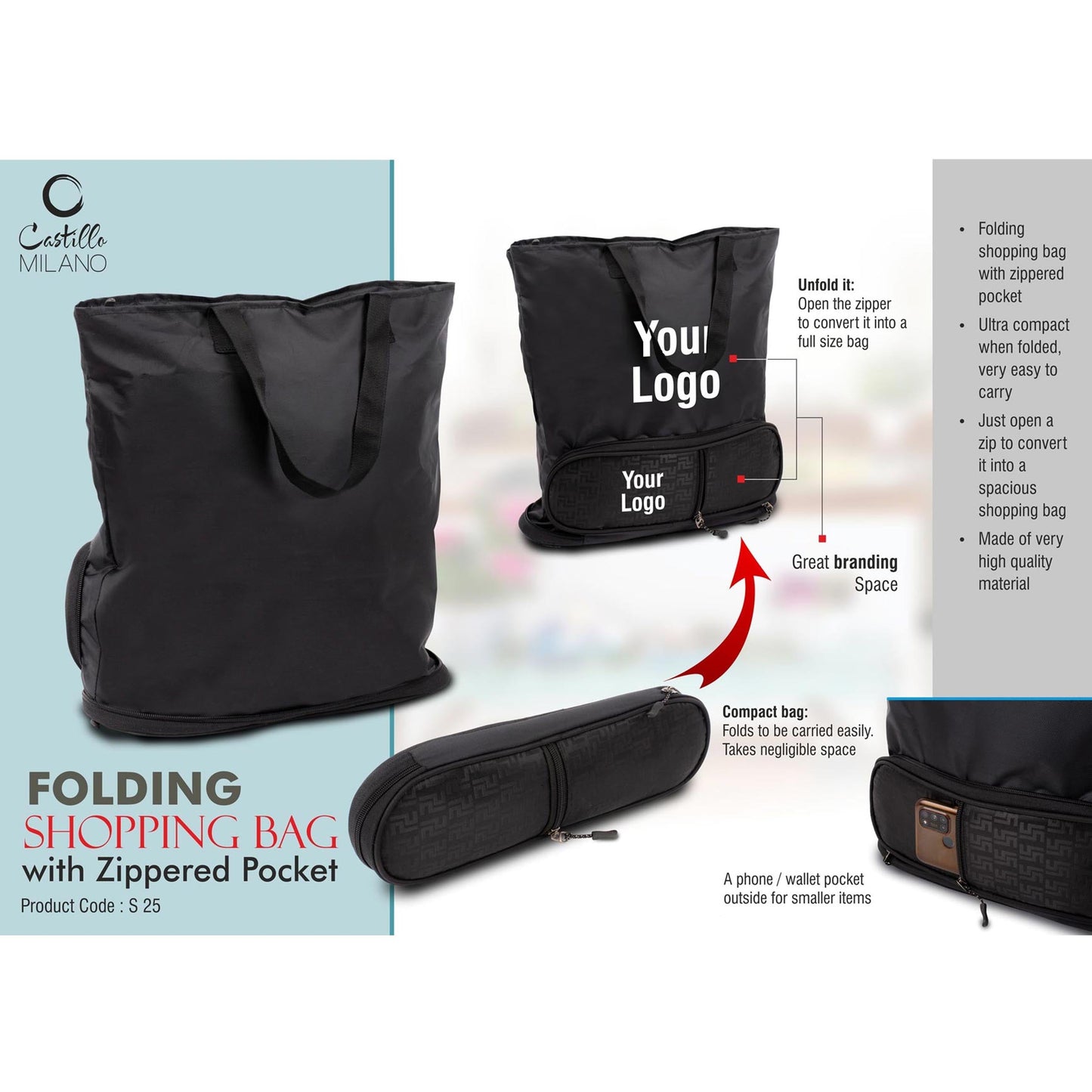 Folding shopping bag with Zippered pocket | Phone, wallet pocket outside - S 25