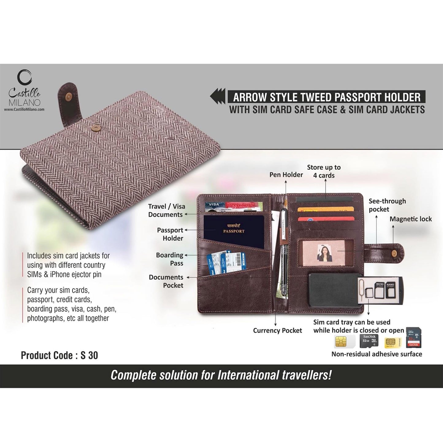 Arrow style Tweed Passport holder with Sim Card Safe Case & Sim Card Jackets - S 30
