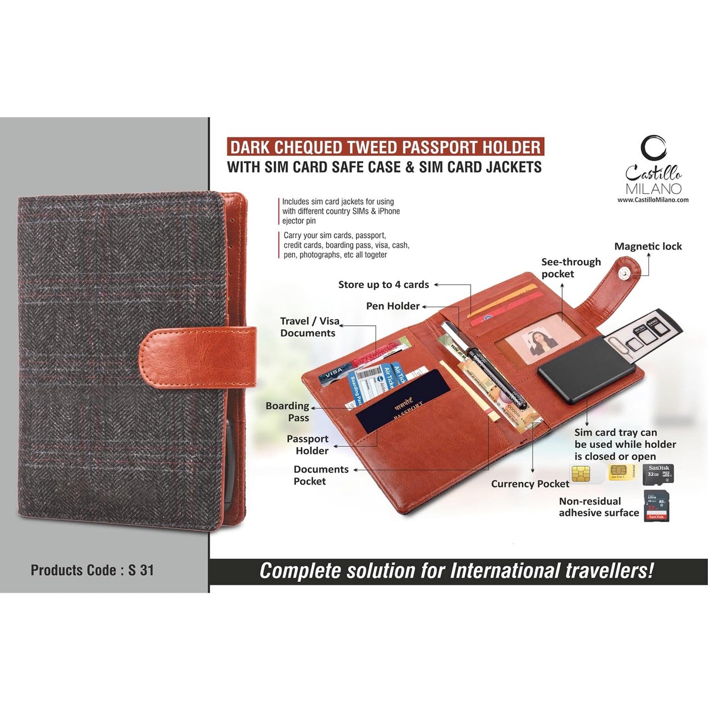 Dark Chequed Tweed Passport holder with Sim Card Safe Case & Sim Card Jackets - S 31