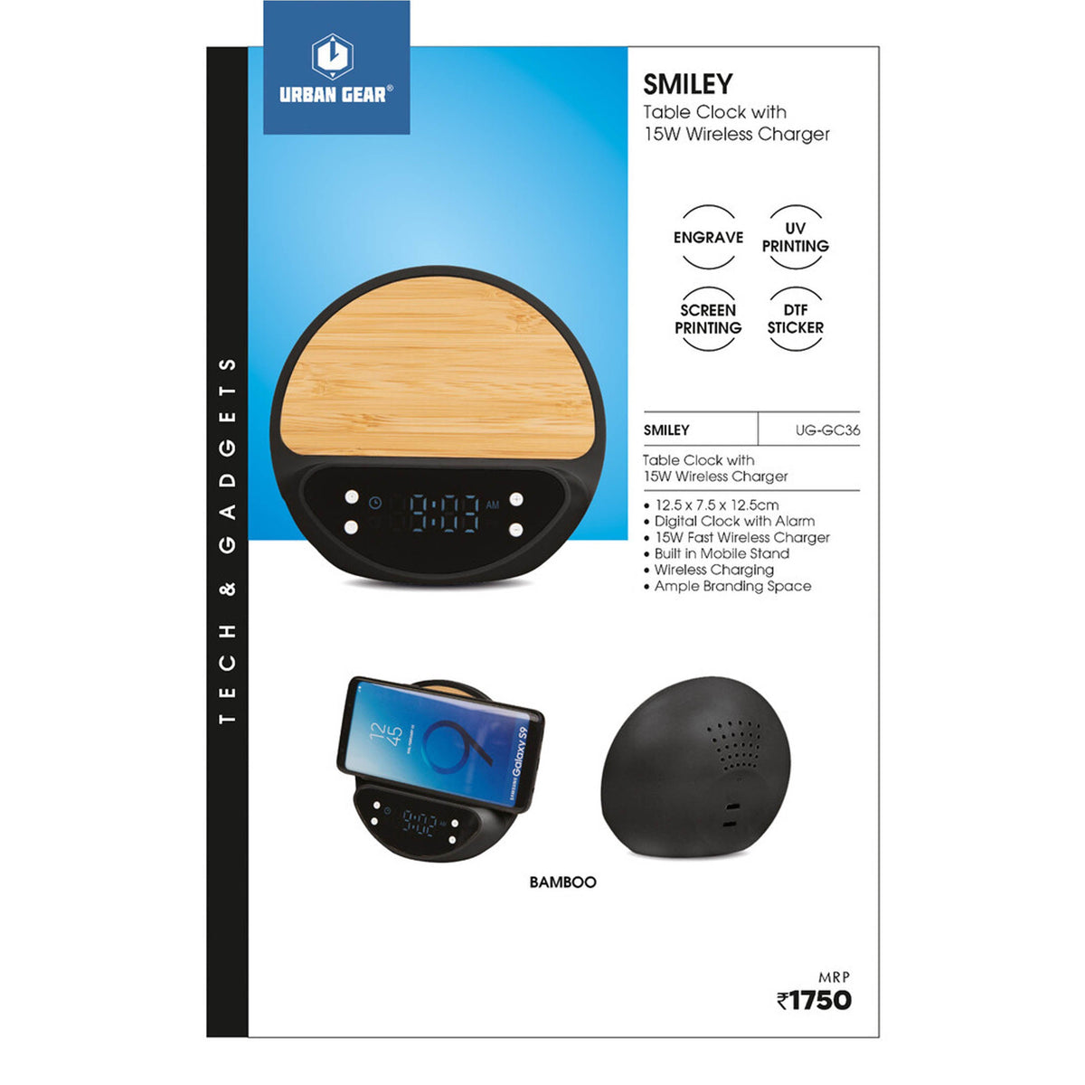 Urban Gear - Smiley 3-in-1 Table Clock with Mobile Holder and 15W Wireless Charger UG-GC36