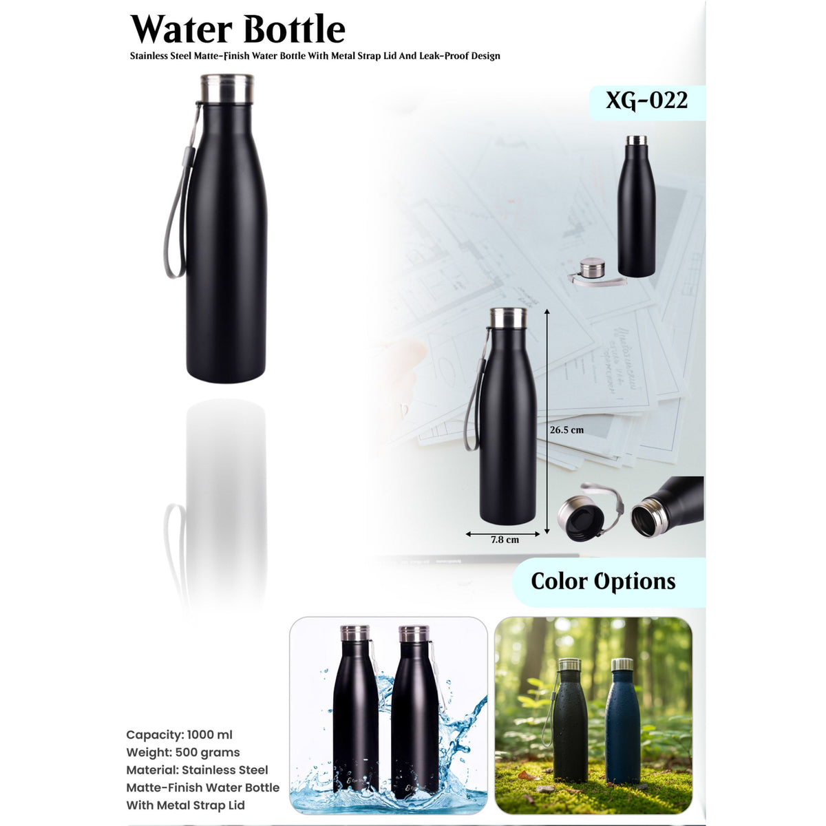 Stainless Steel Matte Finish Bottle with Metal Strap Lid - XG - 022