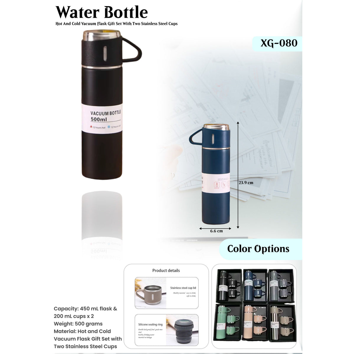 Hot and Cold Vacuum Flask Gift Set with Two Stainless Steel Cups - XG - 080