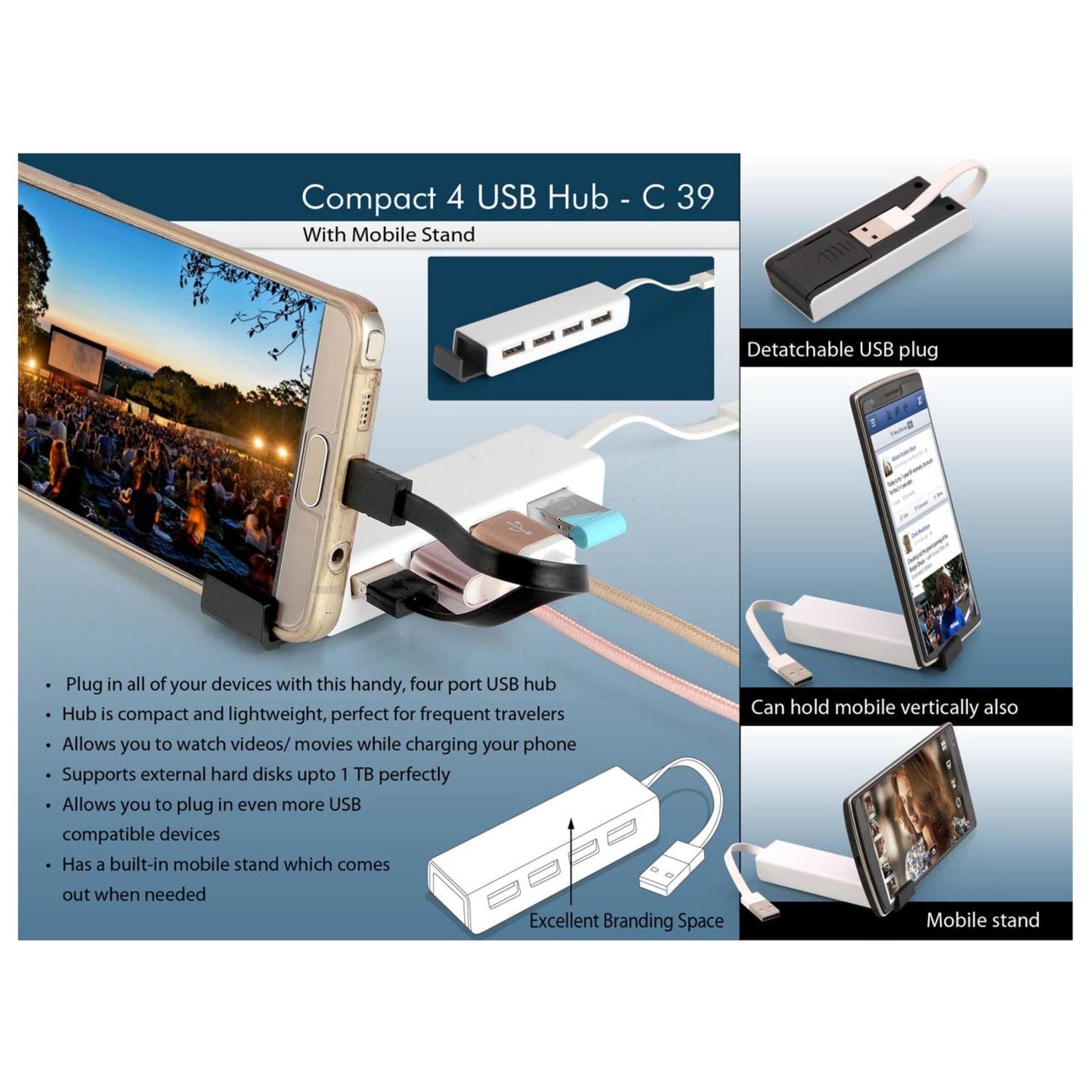 Compact 4 USB Hub With Mobile Stand - C 39
