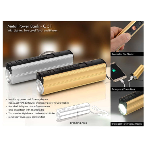 Metal Power Bank With Lighter, Two Level Torch And Blinker - C 51