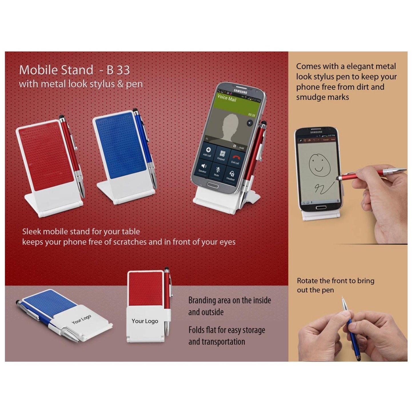 Mobile Stand with Metal Look Stylus & Pen - B 33