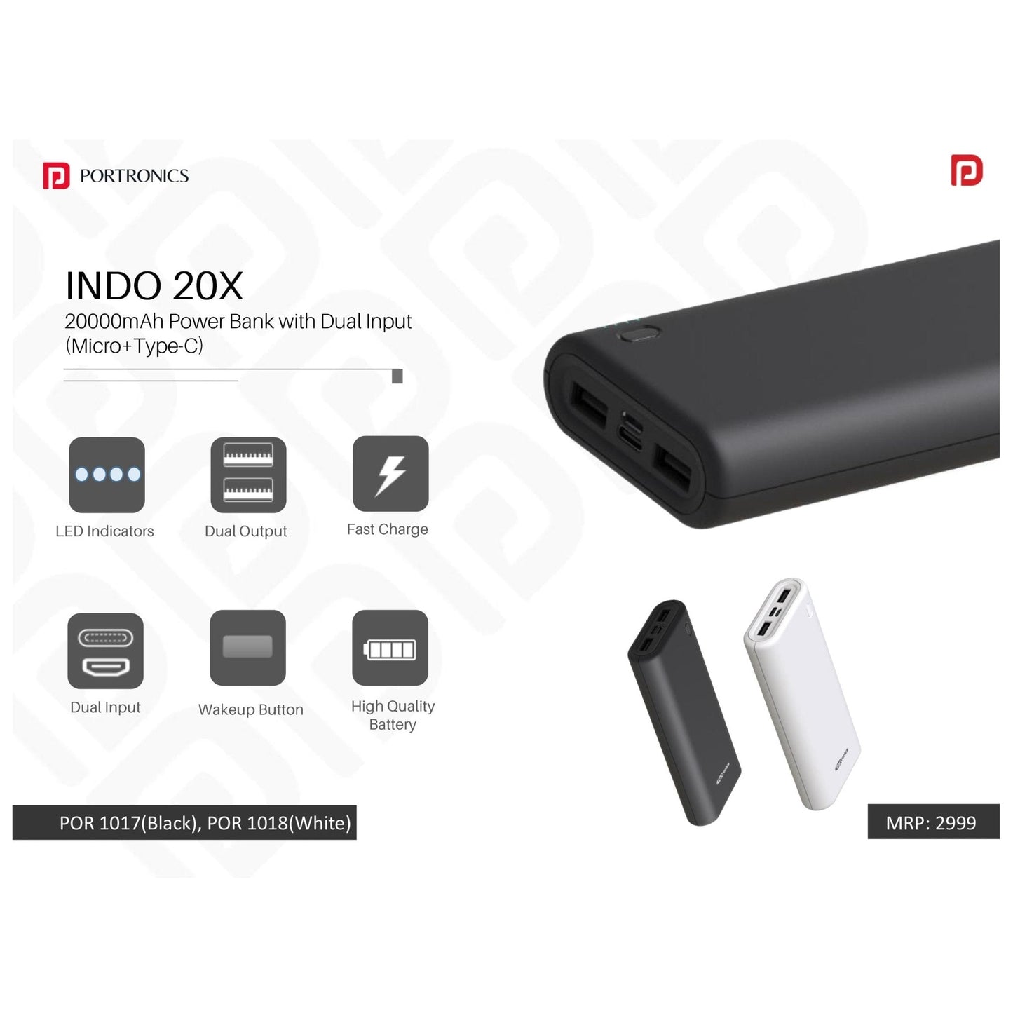Portronics 20000mAh Power Bank with Dual Input (Micro+Type-C) - POR 1017/1018