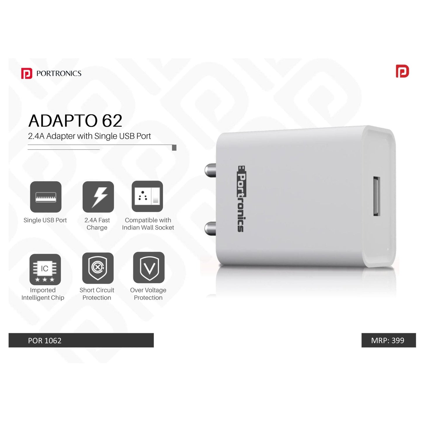 Portronics 2.4A Charger with Dual USB Ports - POR 1062