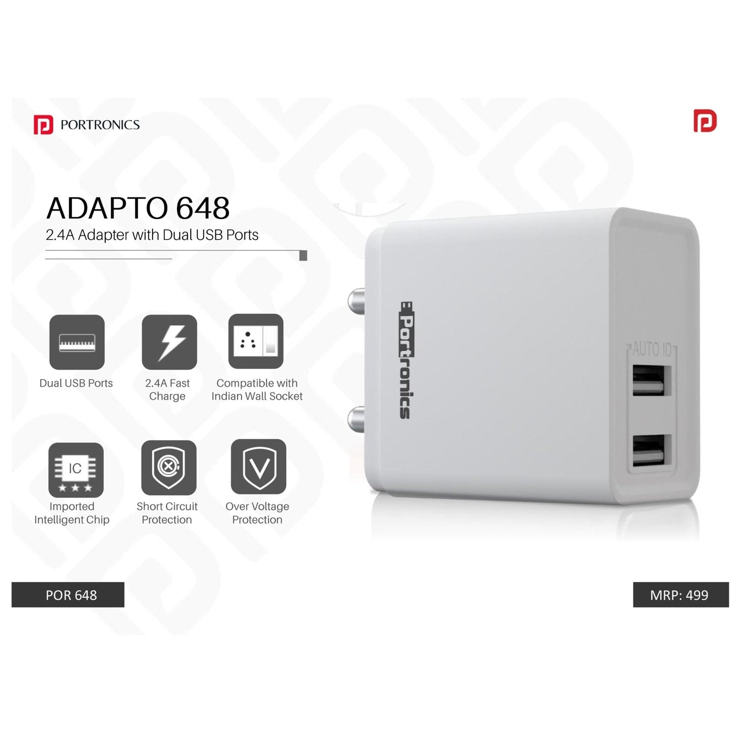 Portronics 2.4A Charger with Dual USB Ports - POR 648/649