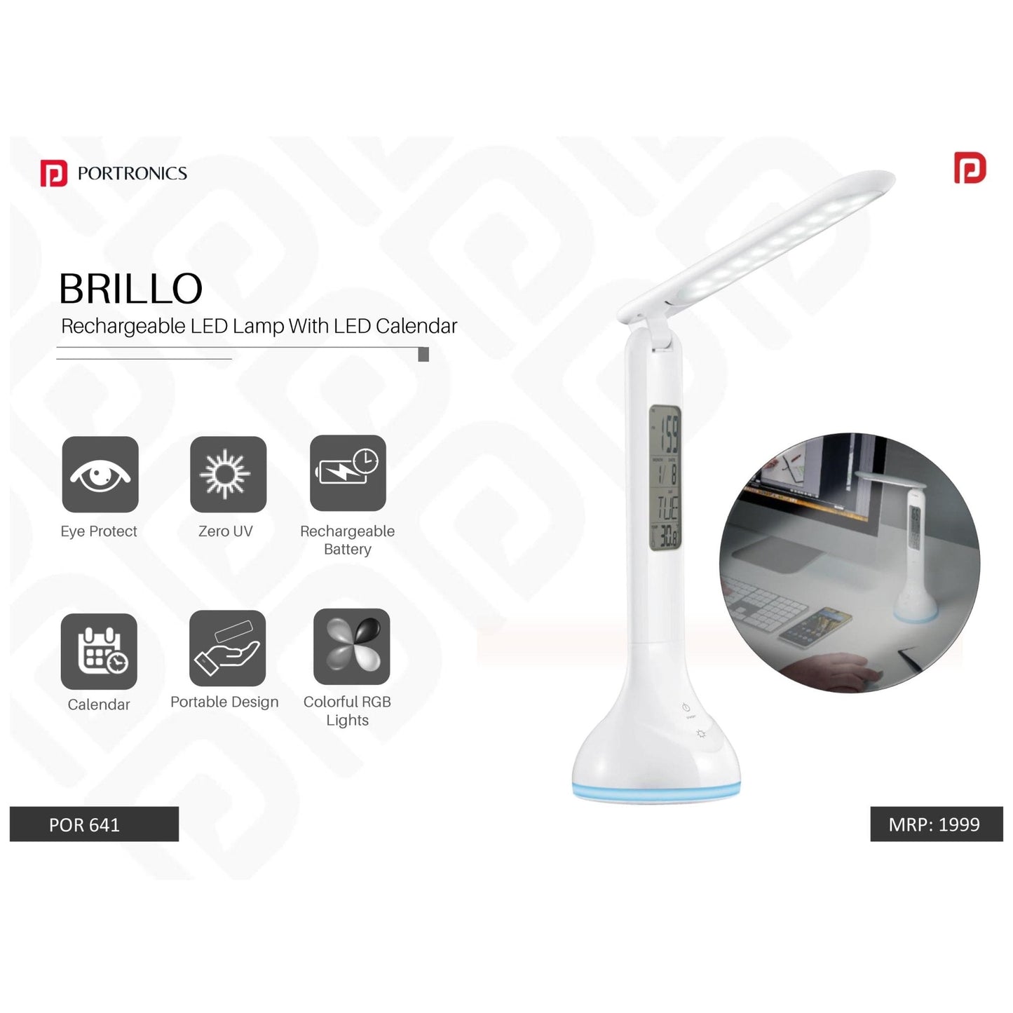 Portronics Rechargeable LED Lamp With LED Calendar - POR 641