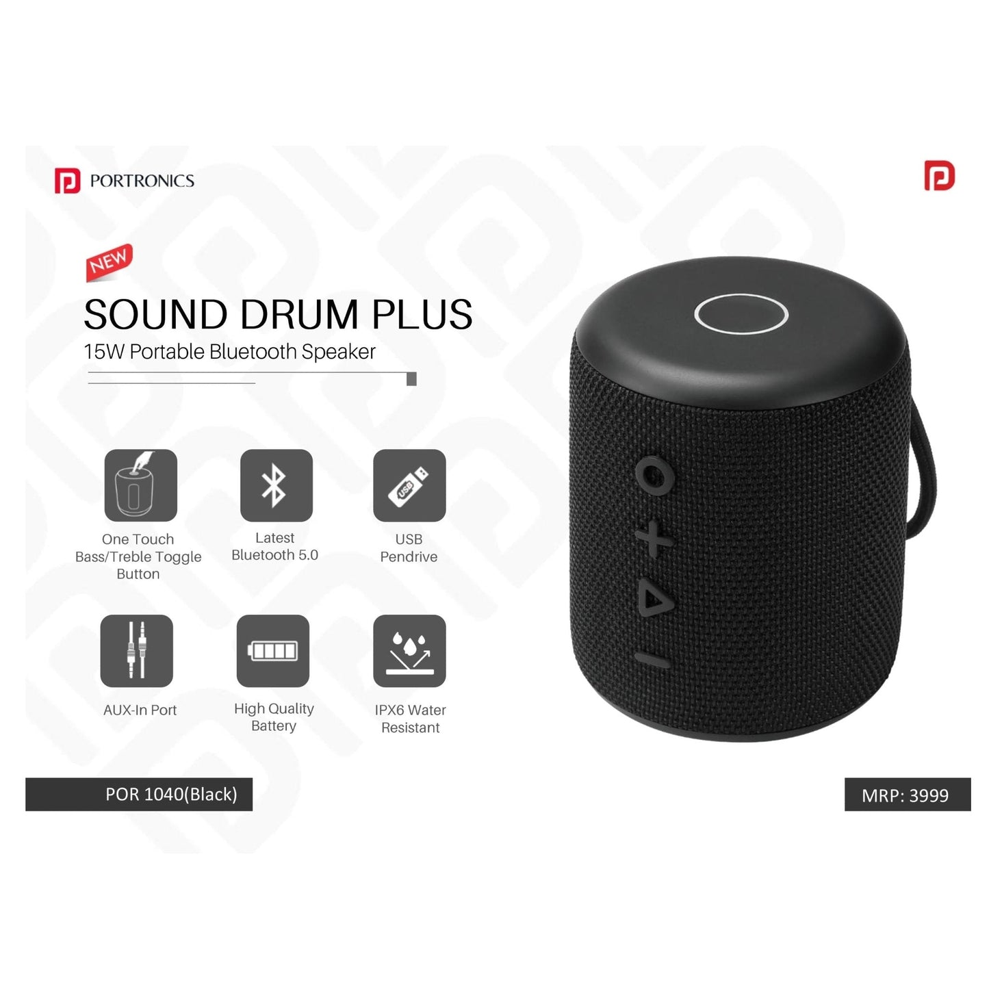 Portronics SoundDrum Plus 15 W Bluetooth Speaker (Black, Stereo Channel) - POR 1040