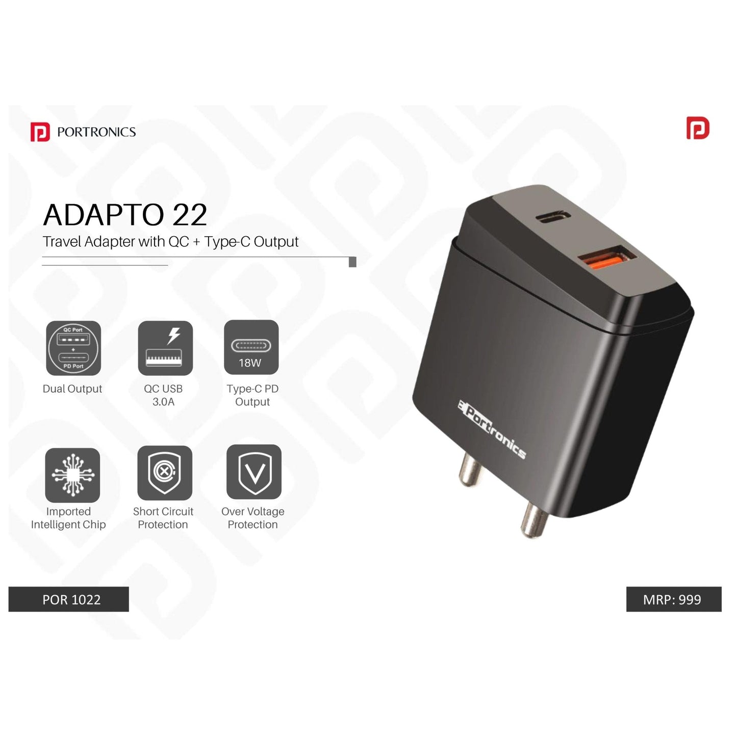 Portronics Travel Adapter With QC + Type-C Output - POR 1022