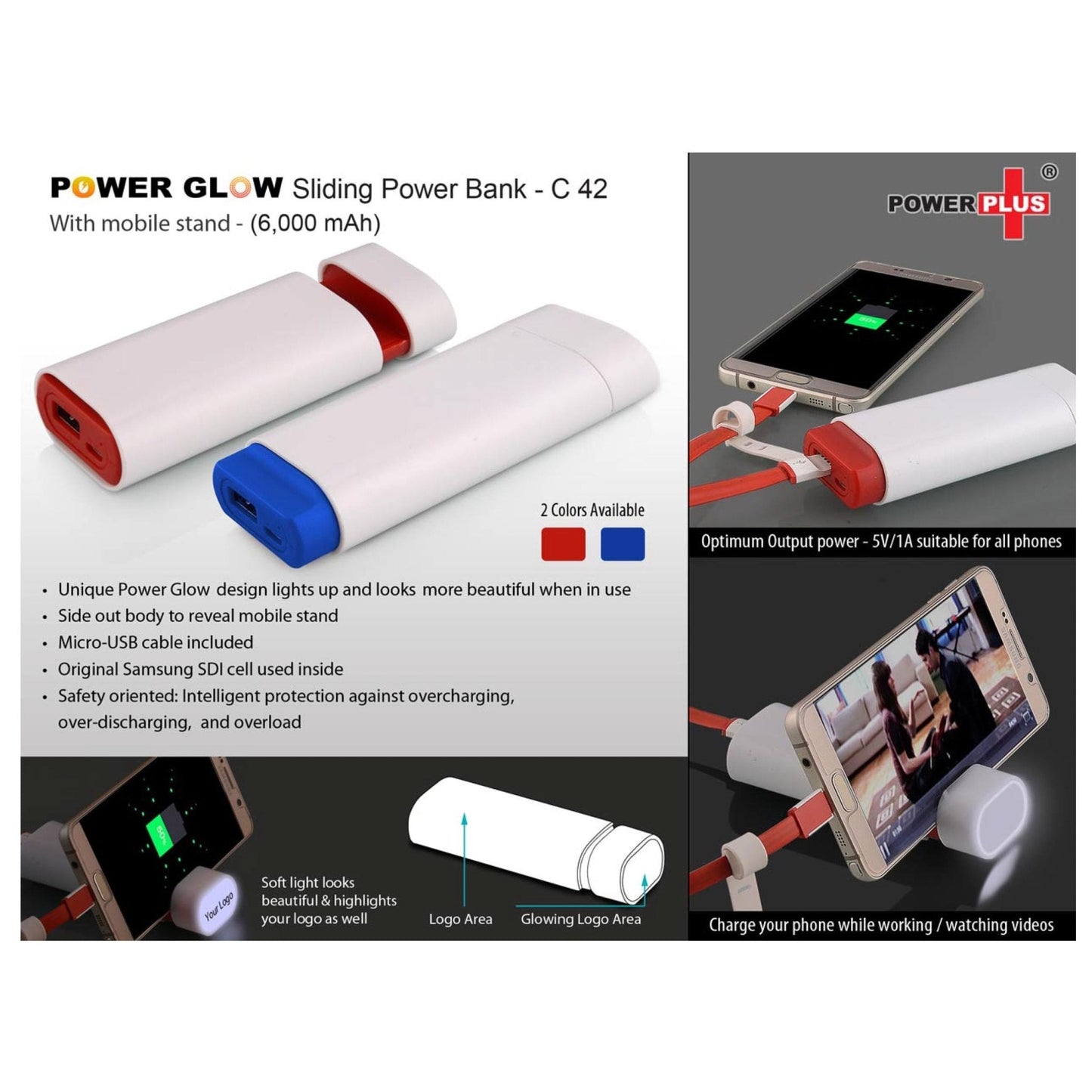 Power Glow Sliding Power Bank With Mobile Stand (6,000 MAh) - C 42