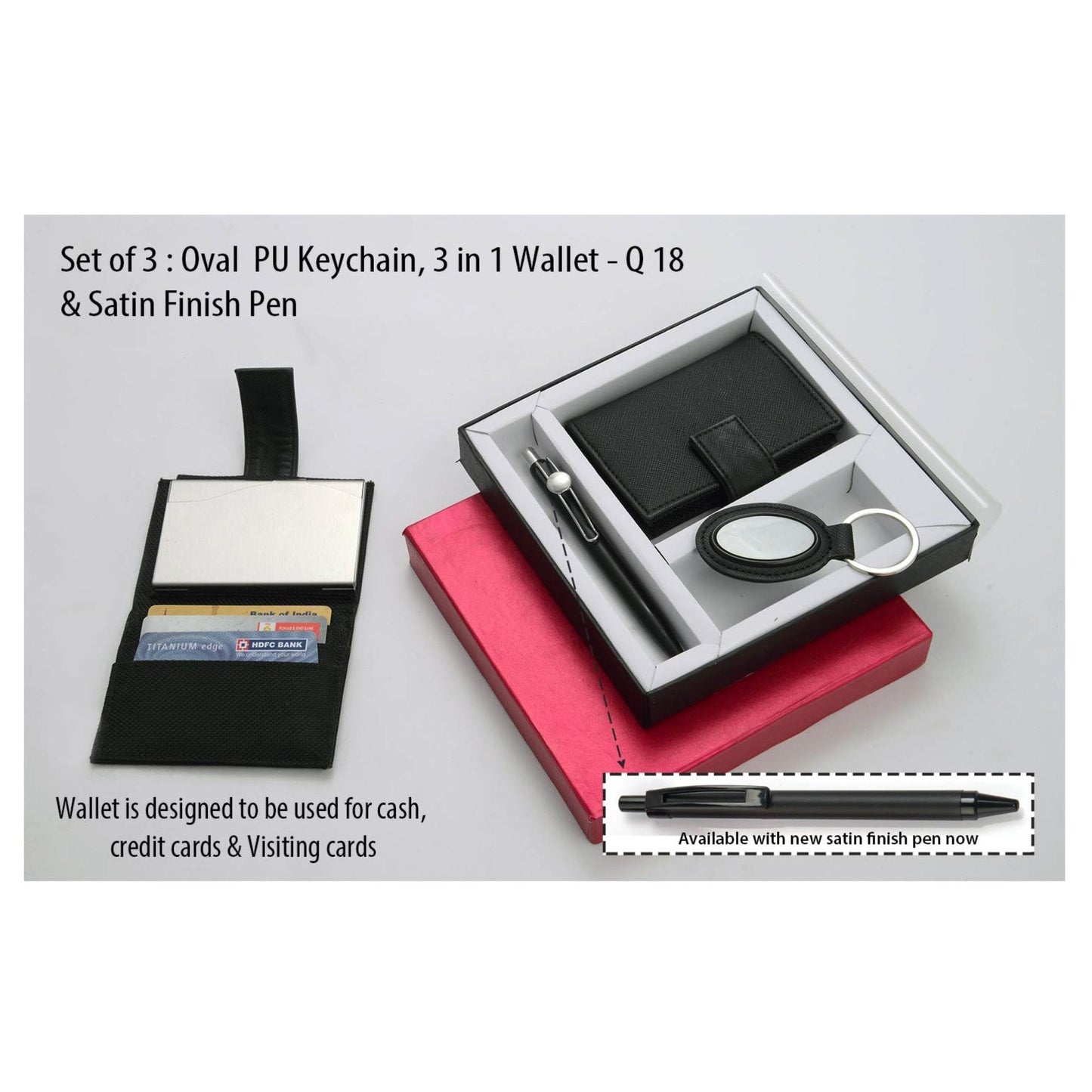 Set Of 3 : Oval PU Keychain, 3 In 1 Wallet & Highway Satin Pen - Q18