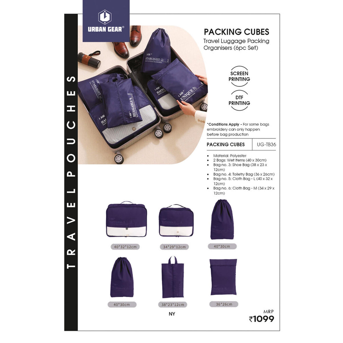 Urban Gear - Packing Cubes Travel Organisers 6pc Set UG-TB36
