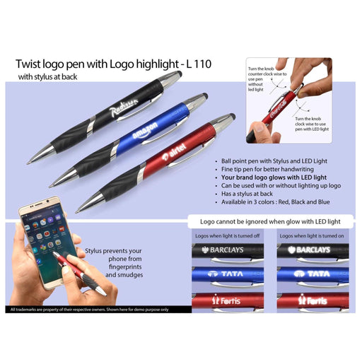 Twist Logo Pen With Logo Highlight And Stylus - L110