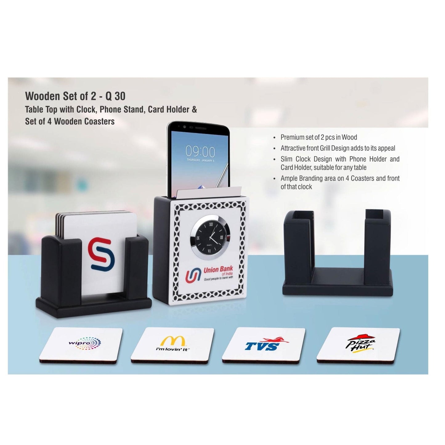 Wooden set of 2 - Q 30 Table top with clock, phone stand , cards holder & set of 4 wooden coasters