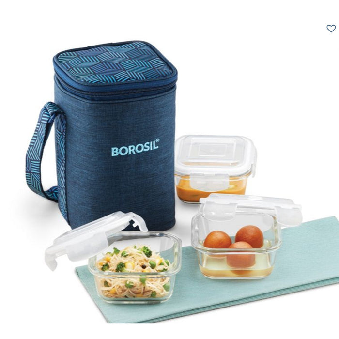 3 Square Microwavable Glass Lunch Box (Foodluck Blue) - ICYCSBSS320