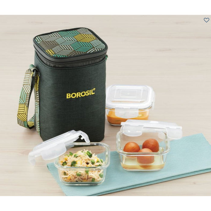 3 Square Microwavable Glass Lunch Box (Foodluck Olive) - ICYCSOSS320