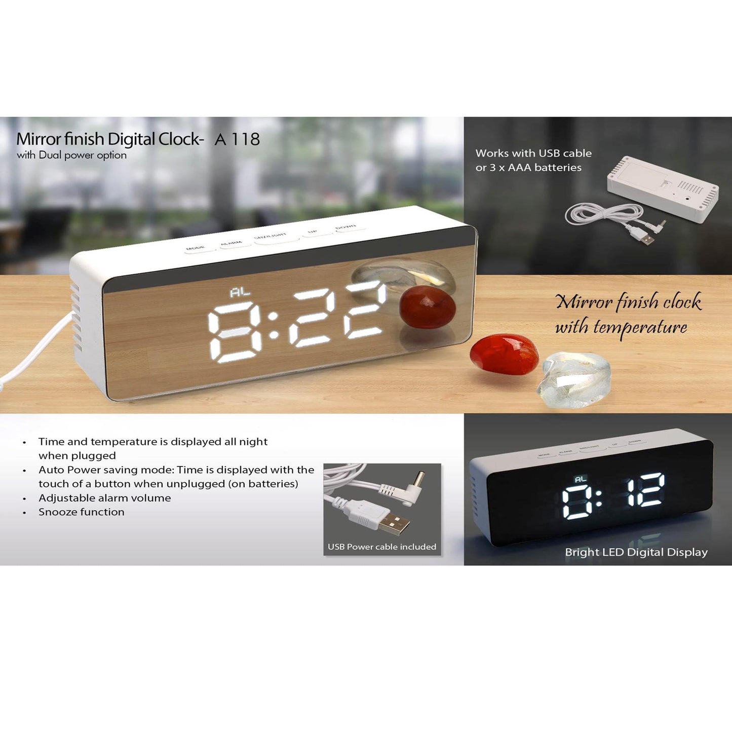 Mirror finish Digital clock with Temperature  - A 118