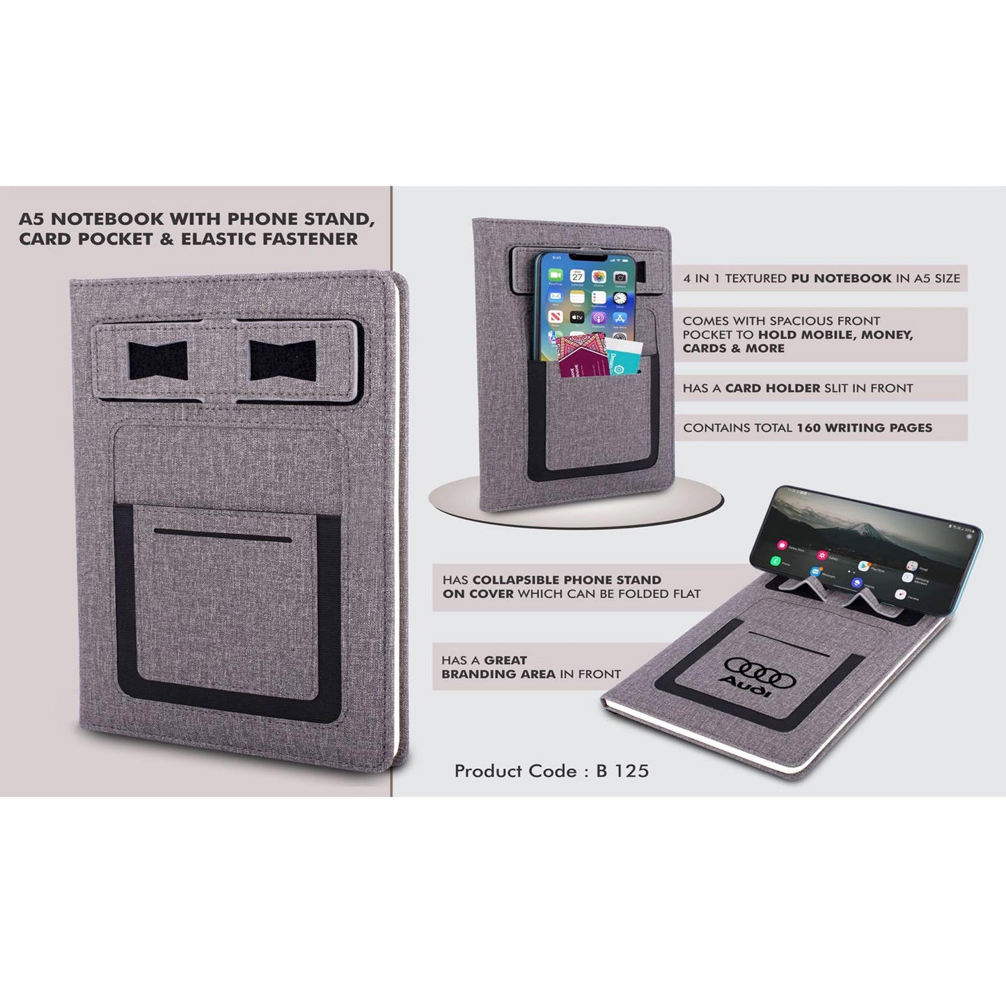 A5 notebook with Phone stand, card pocket, mobile pocket, pen loop & Elastic fastener  -  B 125
